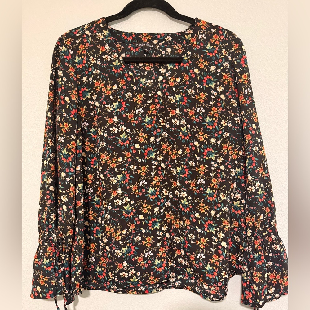 J. Crew Mercantile Black Floral V-Neck Long Sleeve Blouse - Size 10